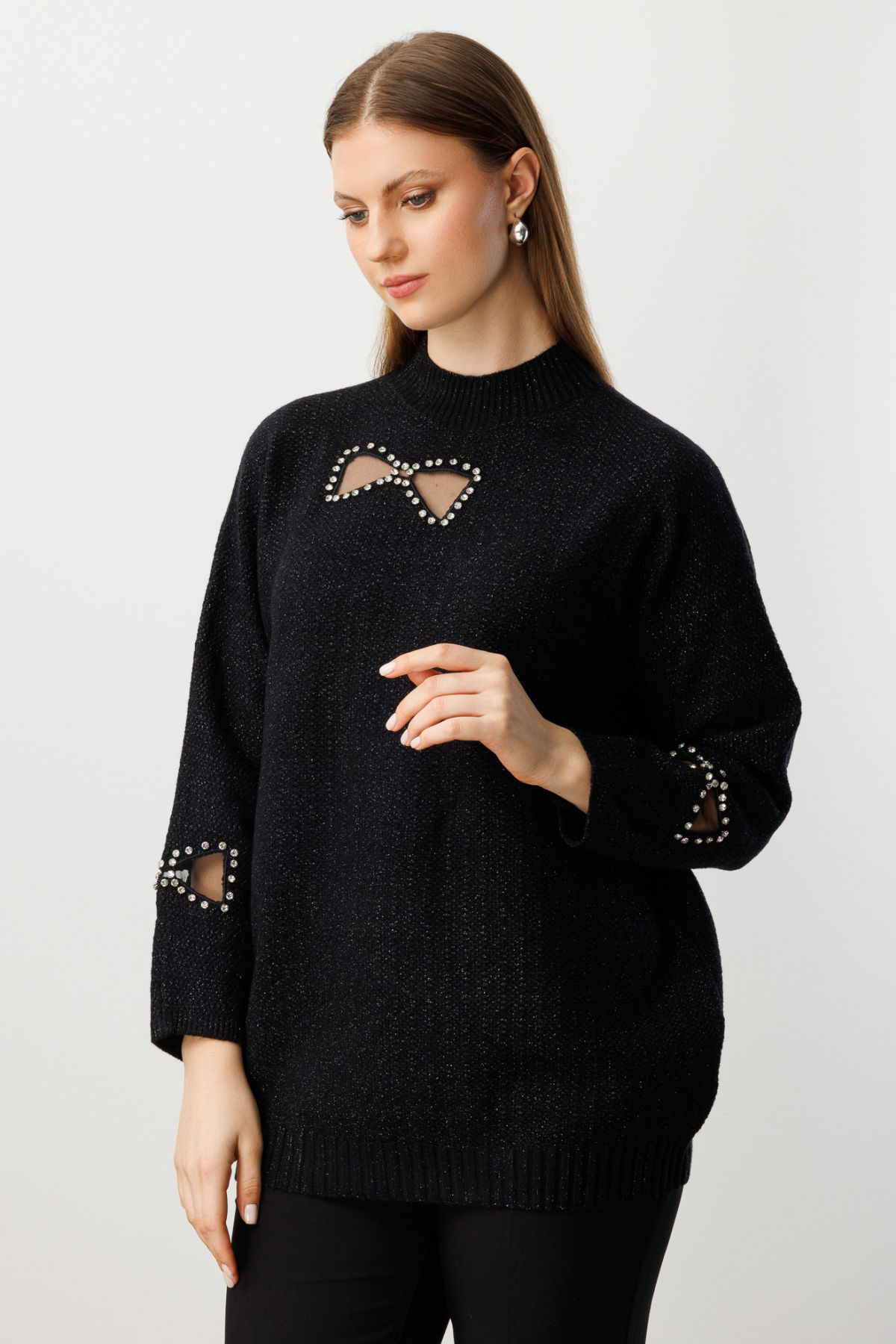 On Kadın Büyük Beden Taşlı Transparan Detaylı Triko Kazak 60306 Siyah - 1