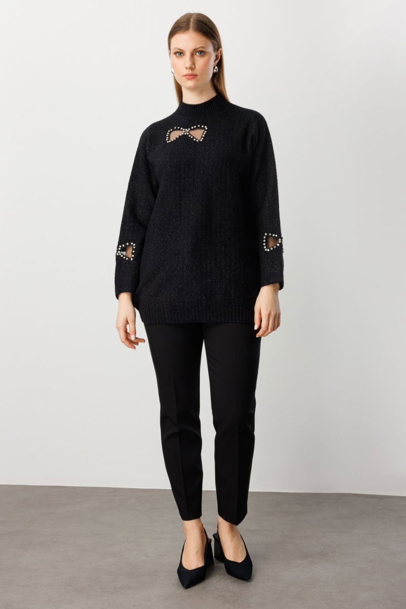 On Kadın Büyük Beden Taşlı Transparan Detaylı Triko Kazak 60306 Siyah - 3