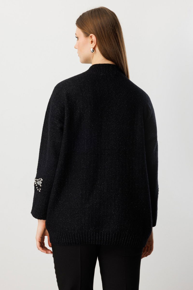 On Kadın Büyük Beden Taşlı Transparan Detaylı Triko Kazak 60306 Siyah - 4