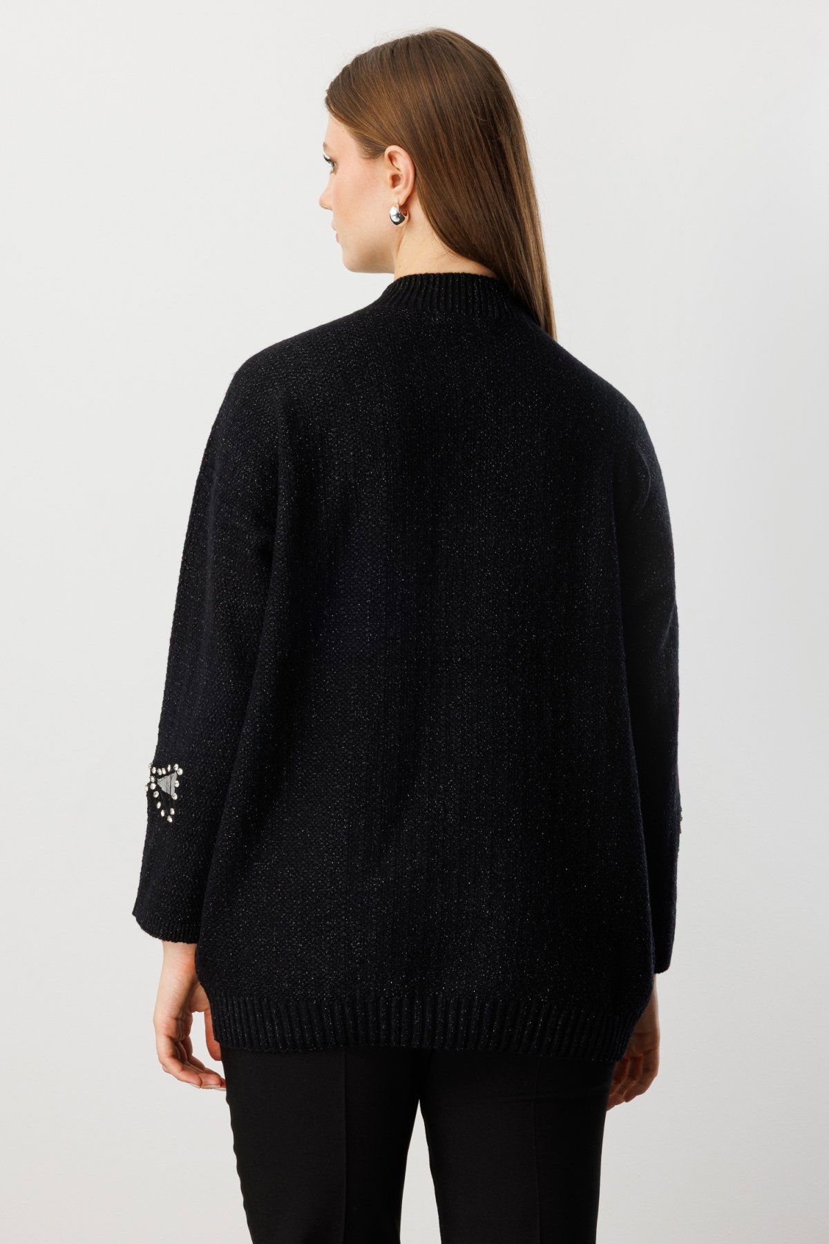 On Kadın Büyük Beden Taşlı Transparan Detaylı Triko Kazak 60306 Siyah - 4