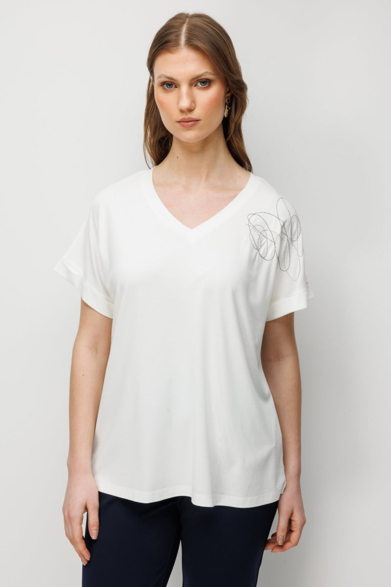 On Kadın Büyük Beden Tek Omzu Zincirli V Yaka T-Shirt 71368 Ekru - On