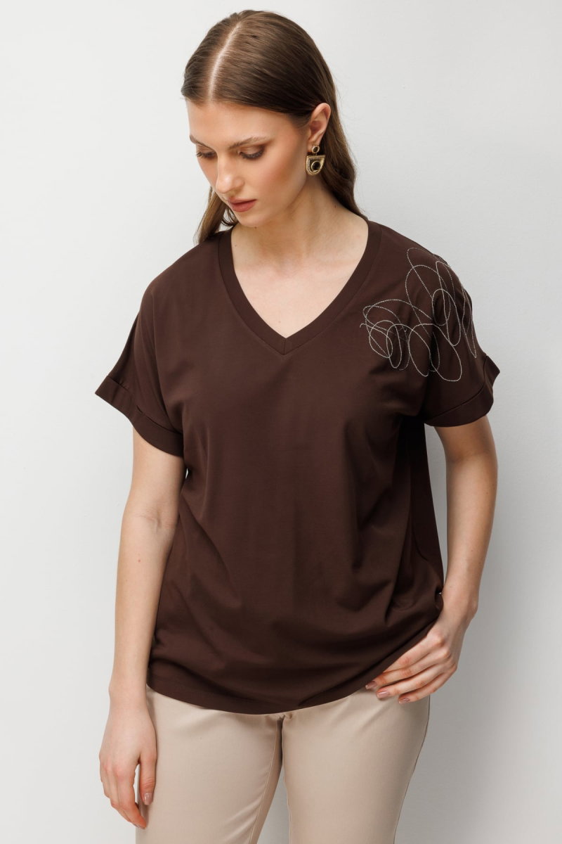 On Kadın Büyük Beden Tek Omzu Zincirli V Yaka T-Shirt 71368 Kahverengi - On