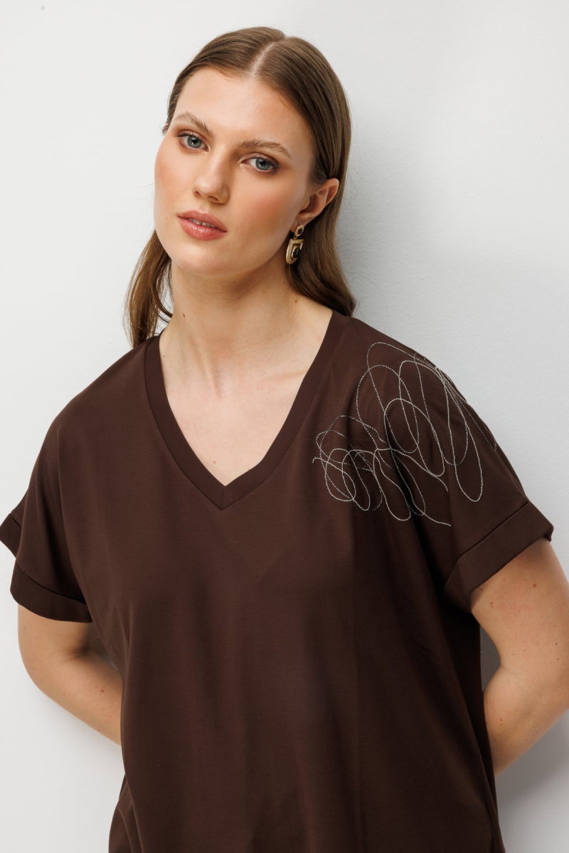 On Kadın Büyük Beden Tek Omzu Zincirli V Yaka T-Shirt 71368 Kahverengi - 2