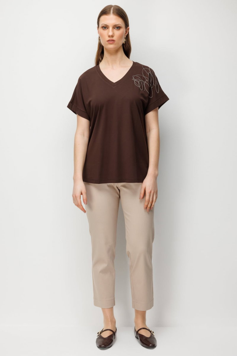 On Kadın Büyük Beden Tek Omzu Zincirli V Yaka T-Shirt 71368 Kahverengi - 3