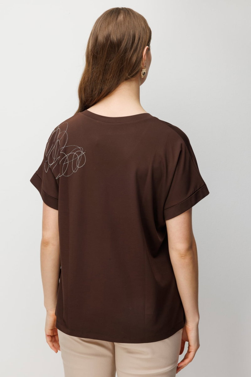 On Kadın Büyük Beden Tek Omzu Zincirli V Yaka T-Shirt 71368 Kahverengi - 4