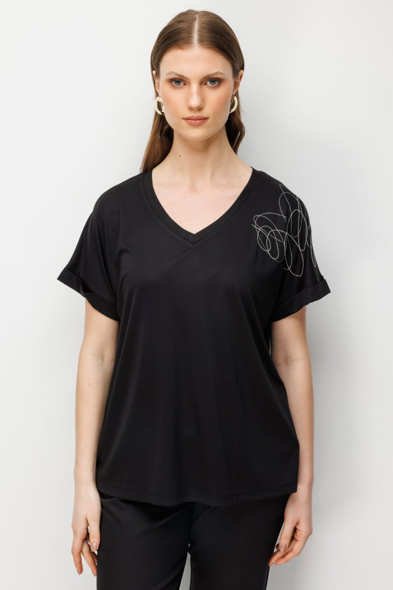 On Kadın Büyük Beden Tek Omzu Zincirli V Yaka T-Shirt 71368 Siyah - On