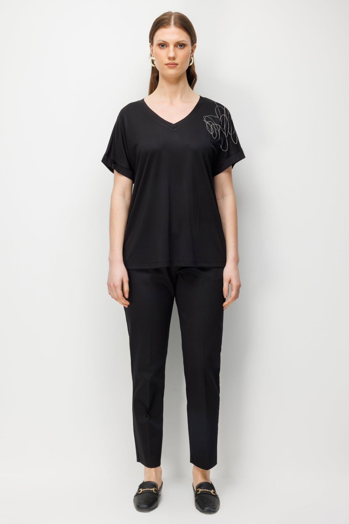 On Kadın Büyük Beden Tek Omzu Zincirli V Yaka T-Shirt 71368 Siyah - 3