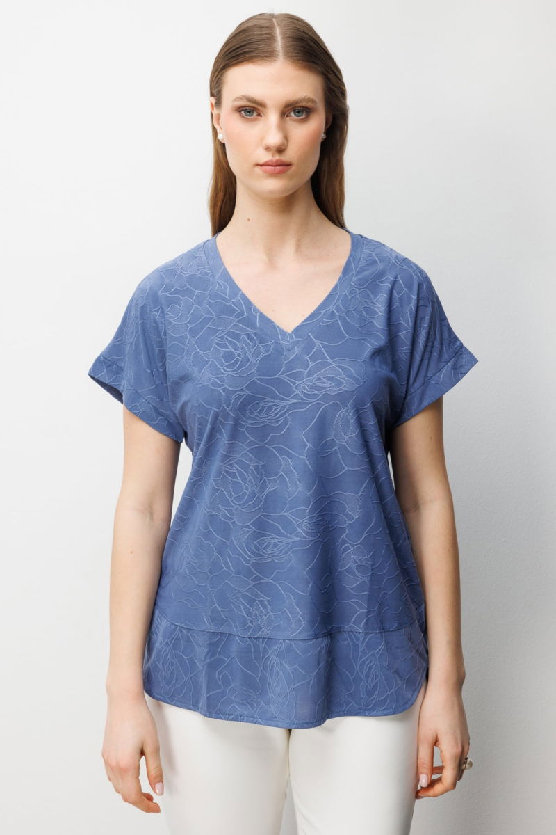 On Kadın Büyük Beden V Yaka Desenli Bluz 71343 Indigo - On
