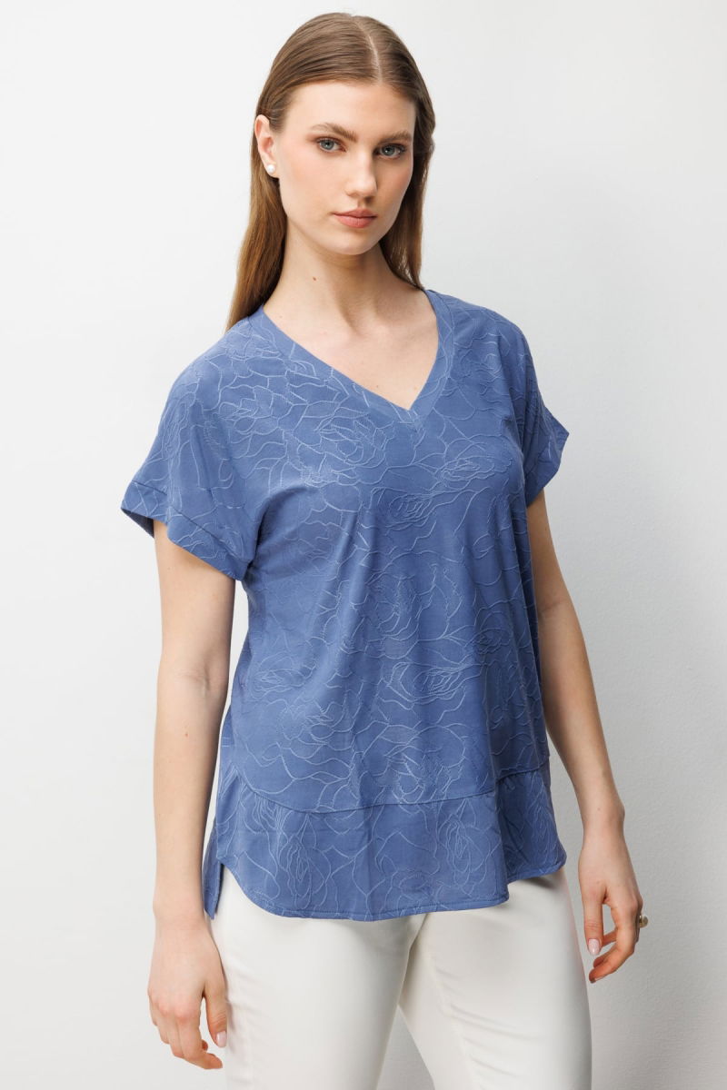 On Kadın Büyük Beden V Yaka Desenli Bluz 71343 Indigo - 2