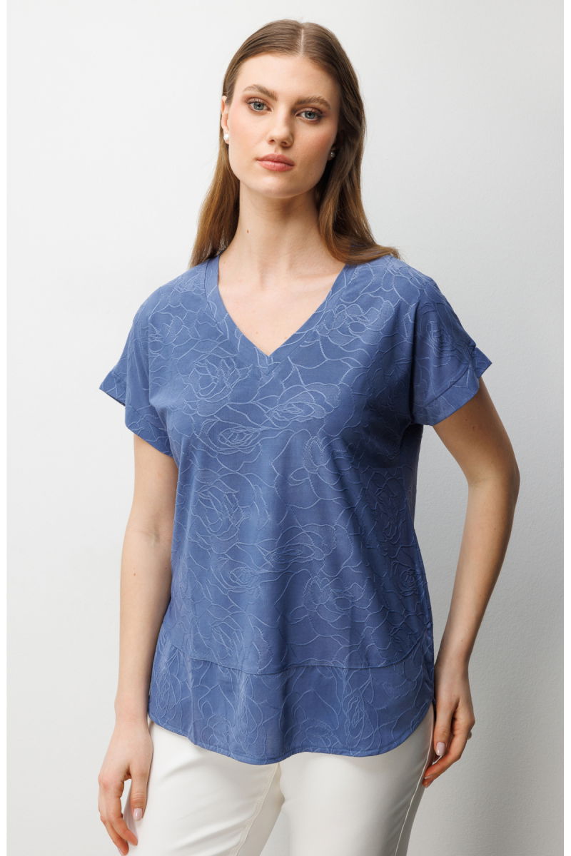 On Kadın Büyük Beden V Yaka Desenli Bluz 71343 Indigo - 3