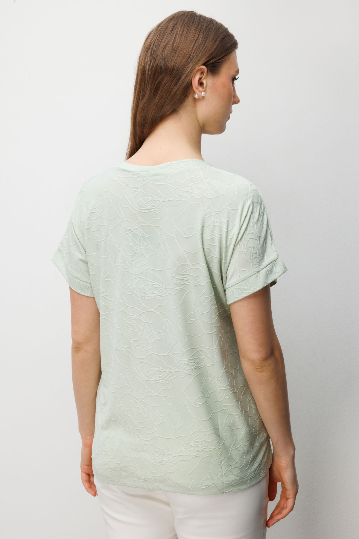 On Kadın Büyük Beden V Yaka Desenli Bluz 71343 Mint - 4