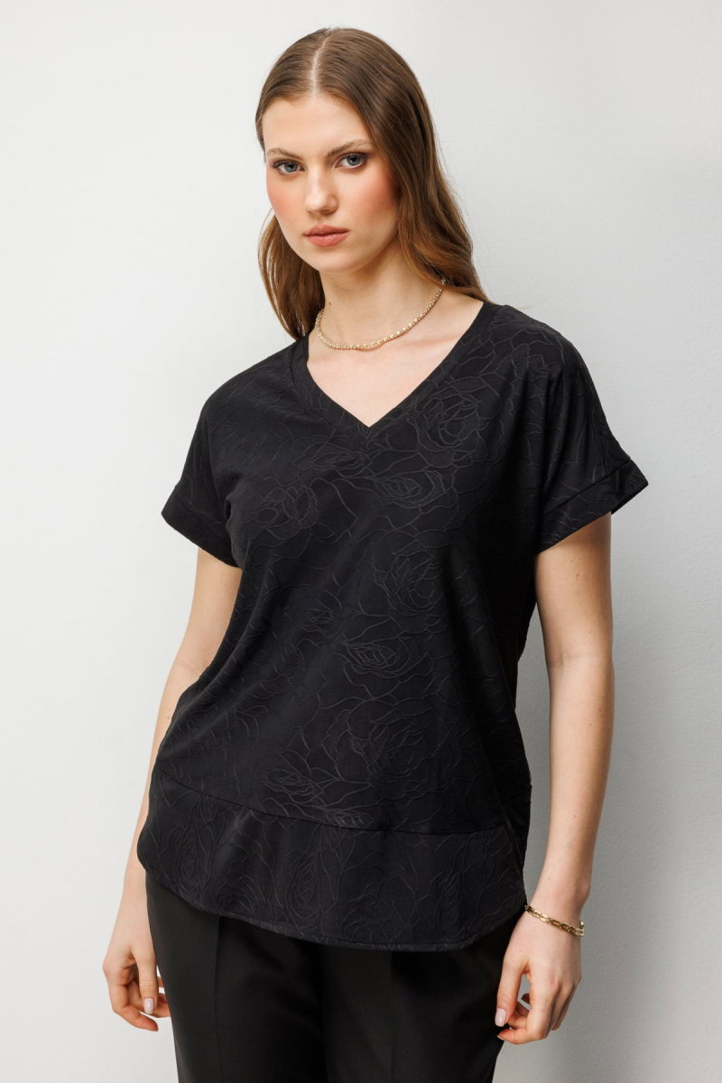 On Kadın Büyük Beden V Yaka Desenli Bluz 71343 Siyah - On