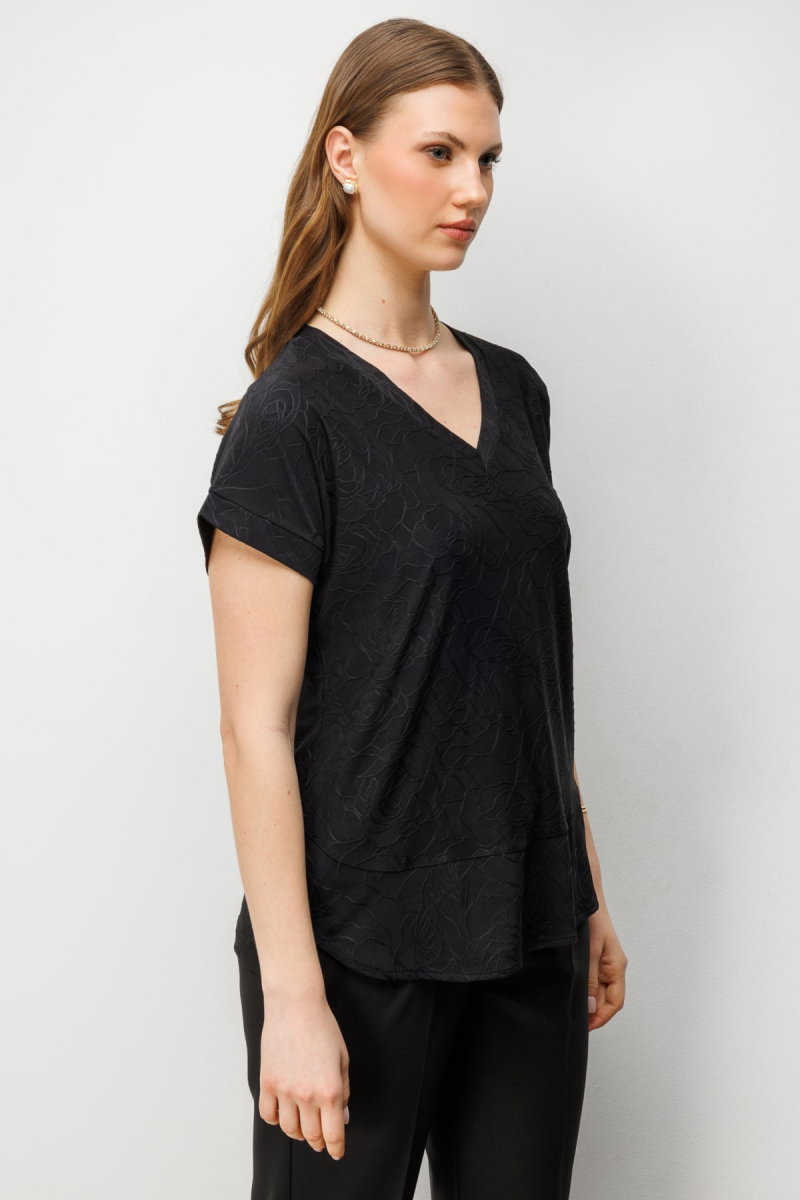 On Kadın Büyük Beden V Yaka Desenli Bluz 71343 Siyah - 2