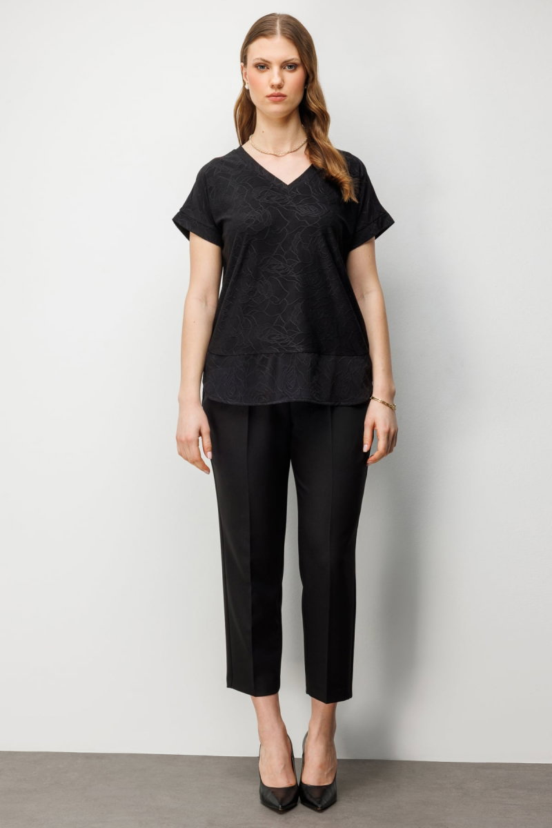 On Kadın Büyük Beden V Yaka Desenli Bluz 71343 Siyah - 3