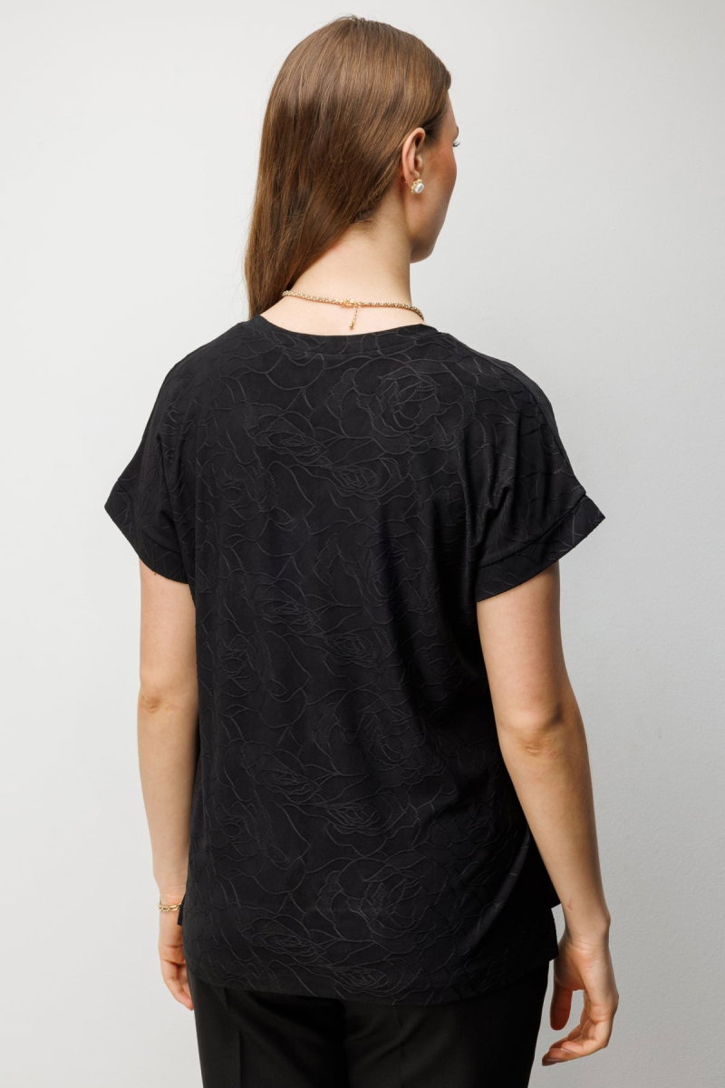 On Kadın Büyük Beden V Yaka Desenli Bluz 71343 Siyah - 4