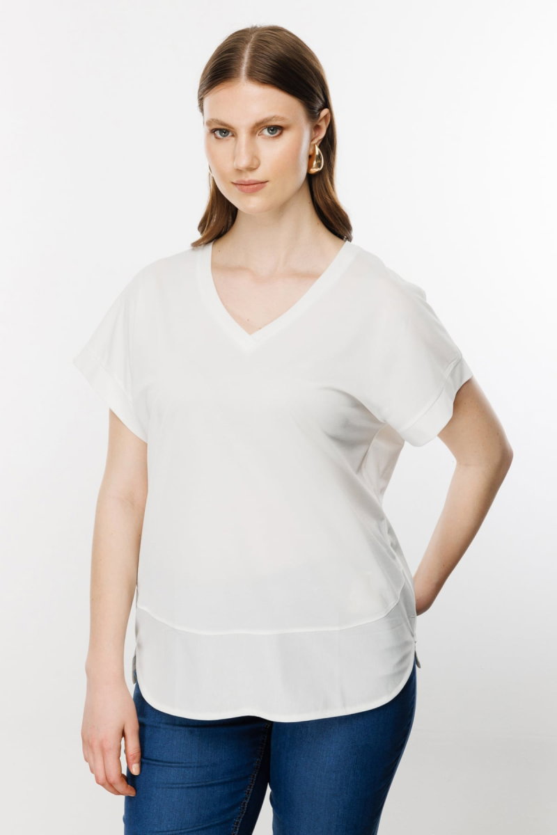 On Kadın Büyük Beden V Yaka Parçalı T-Shirt 71476 Ekru - On