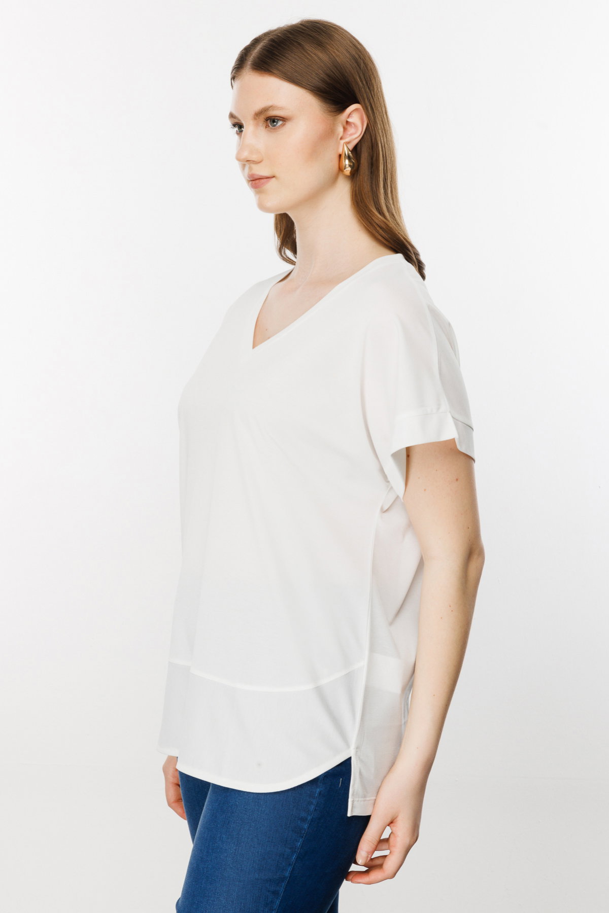 On Kadın Büyük Beden V Yaka Parçalı T-Shirt 71476 Ekru - 2