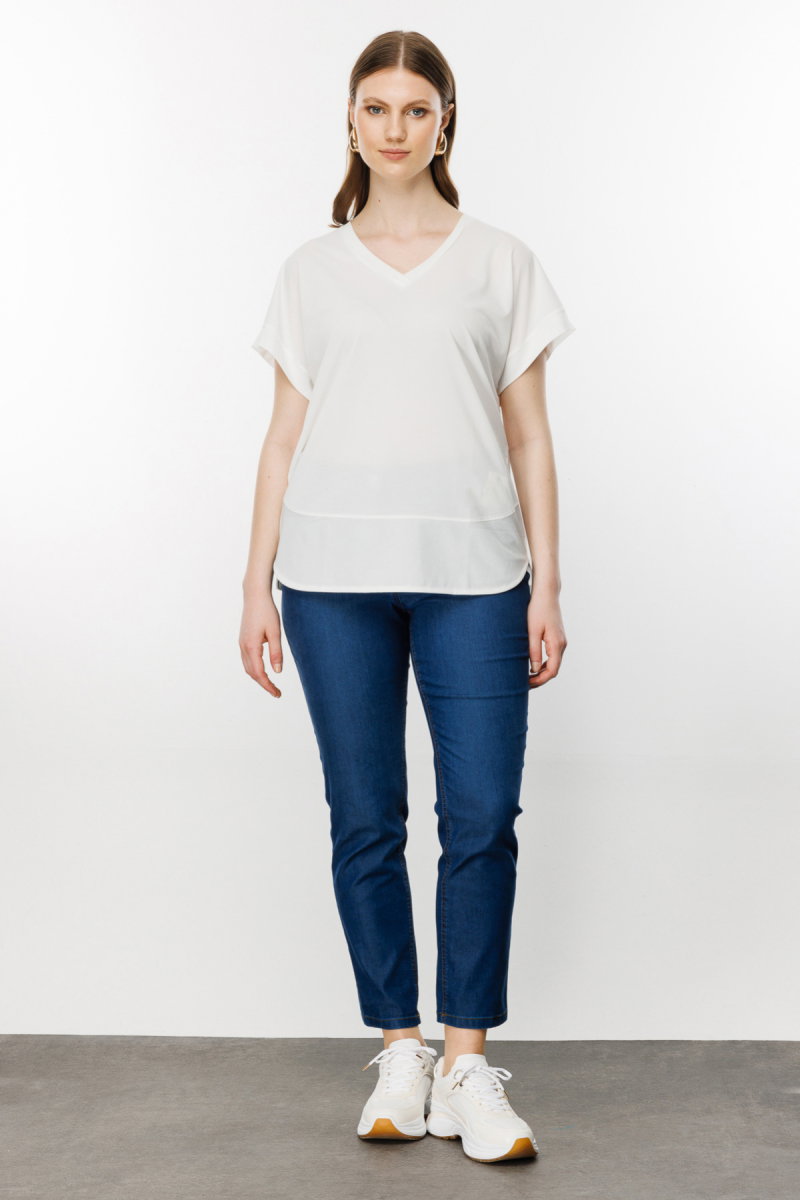 On Kadın Büyük Beden V Yaka Parçalı T-Shirt 71476 Ekru - 3