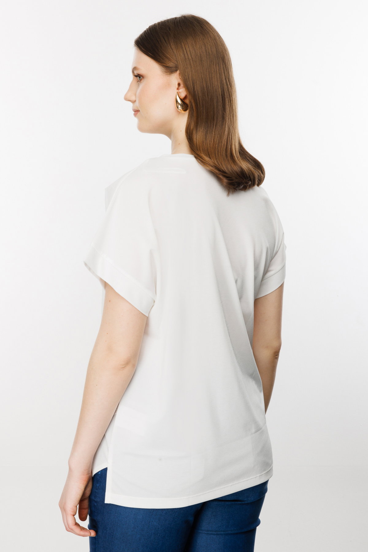 On Kadın Büyük Beden V Yaka Parçalı T-Shirt 71476 Ekru - 4