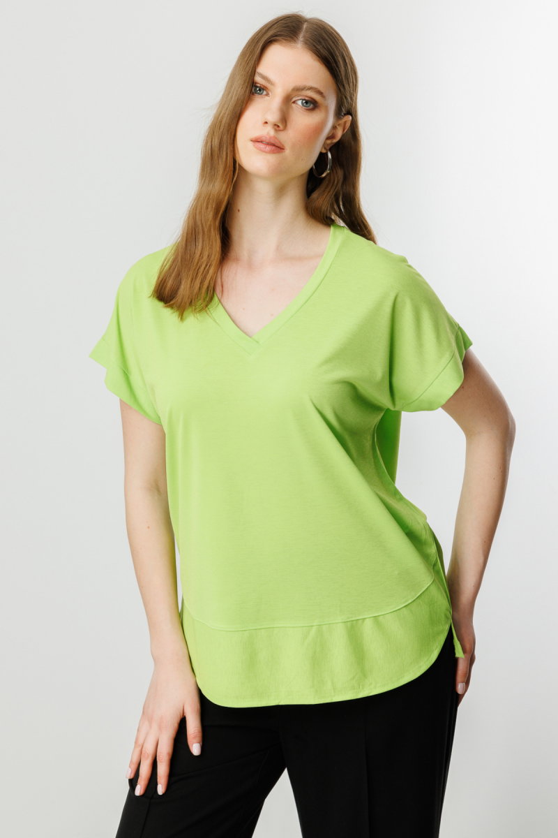 On Kadın Büyük Beden V Yaka Parçalı T-Shirt 71476 Fıstık Yeşili - 2