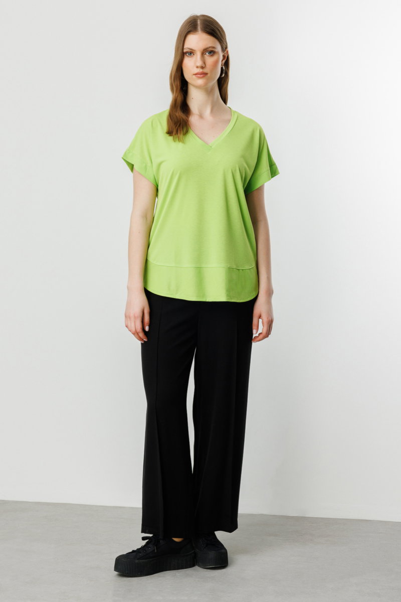 On Kadın Büyük Beden V Yaka Parçalı T-Shirt 71476 Fıstık Yeşili - 3