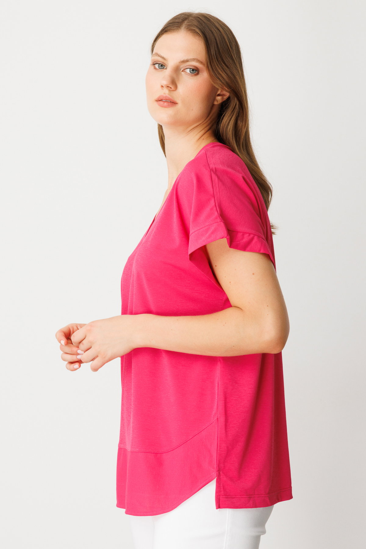 On Kadın Büyük Beden V Yaka Parçalı T-Shirt 71476 Fuşya - 2