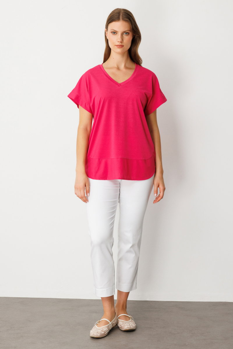 On Kadın Büyük Beden V Yaka Parçalı T-Shirt 71476 Fuşya - 3