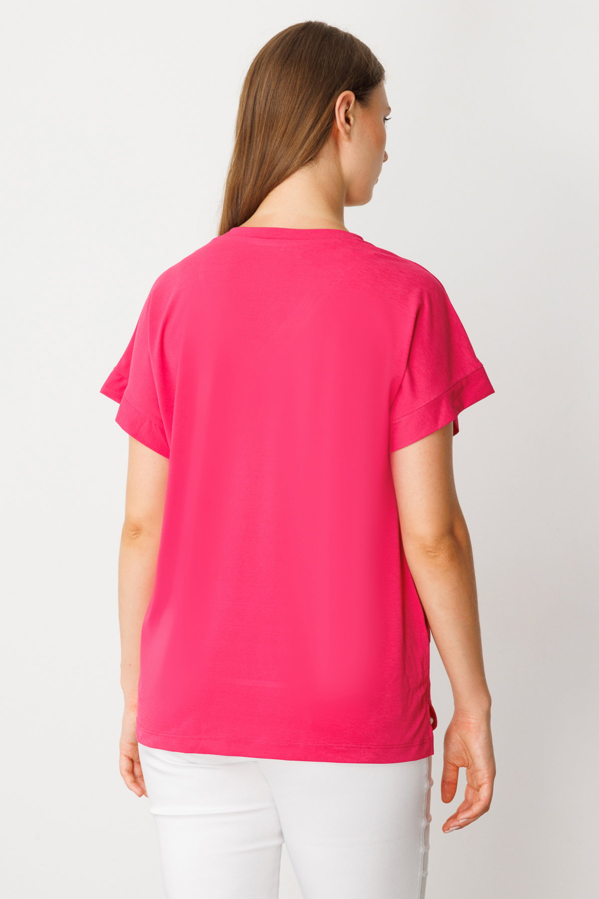 On Kadın Büyük Beden V Yaka Parçalı T-Shirt 71476 Fuşya - 4