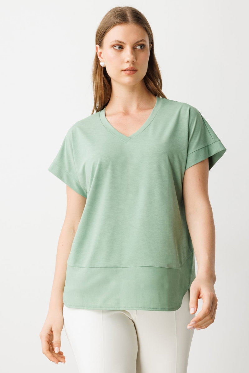 On Kadın Büyük Beden V Yaka Parçalı T-Shirt 71476 Haki - 2