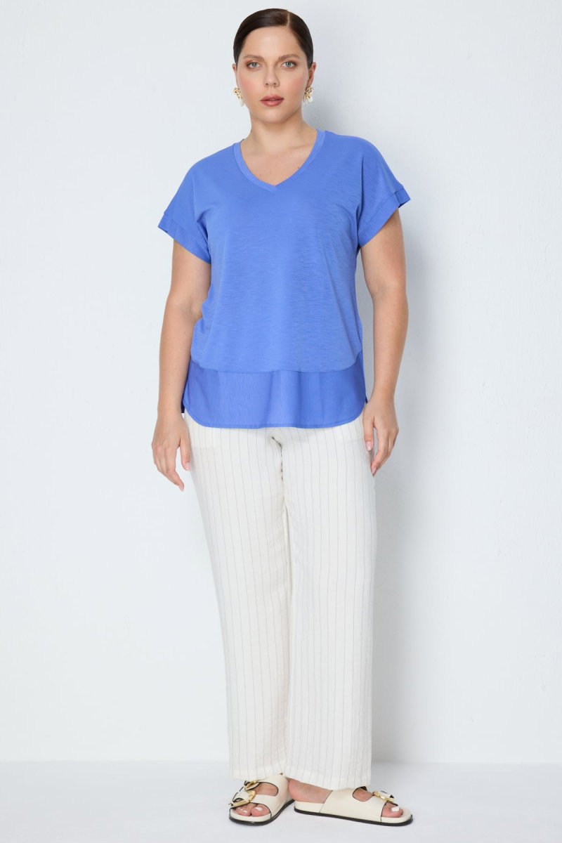 On Kadın Büyük Beden V Yaka Parçalı T-Shirt 71476 Indigo - 3