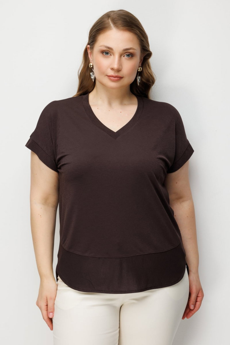 On Kadın Büyük Beden V Yaka Parçalı T-Shirt 71476 Kahverengi - On