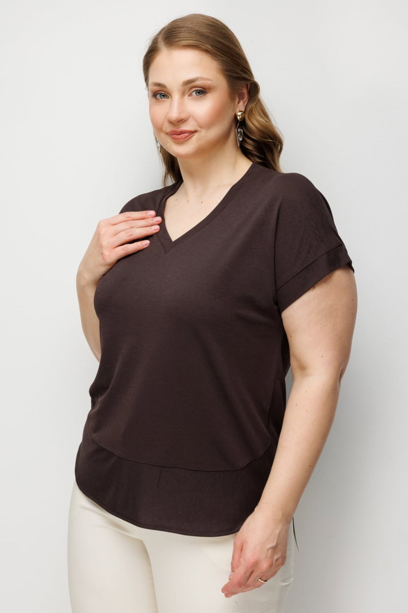 On Kadın Büyük Beden V Yaka Parçalı T-Shirt 71476 Kahverengi - 2