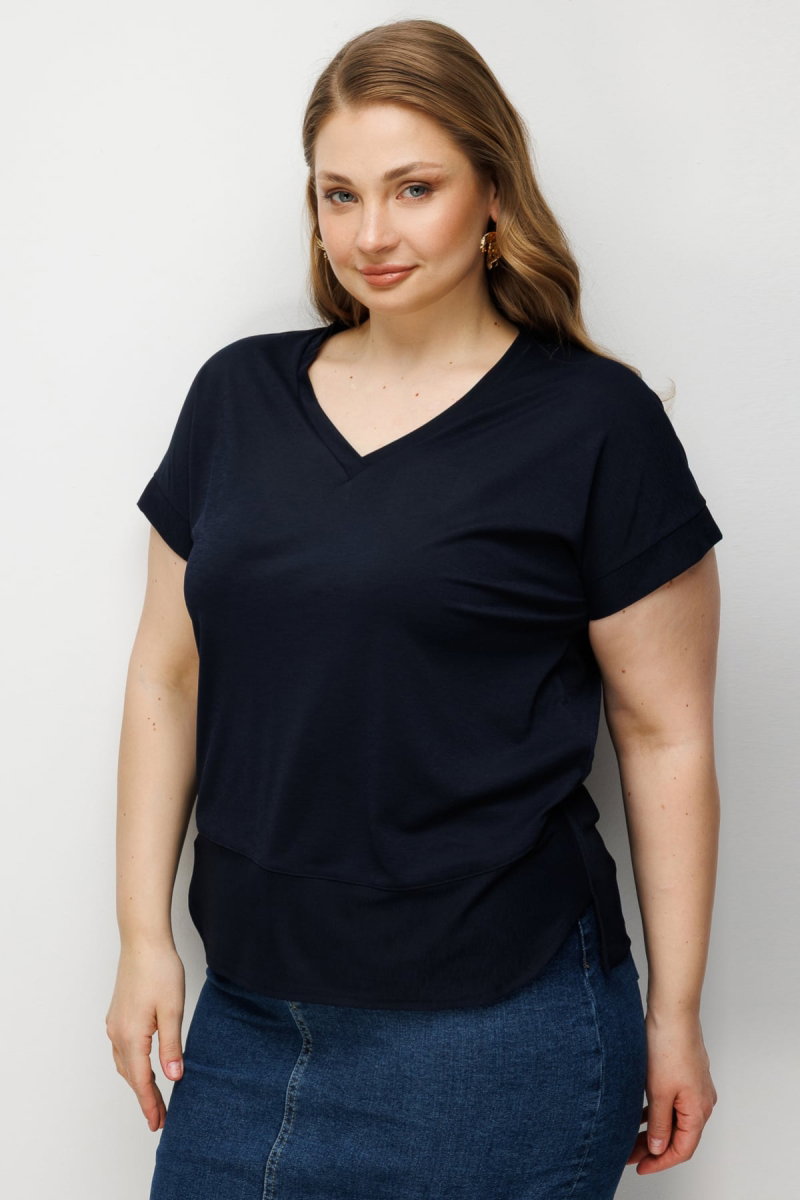 On Kadın Büyük Beden V Yaka Parçalı T-Shirt 71476 Lacivert - 2