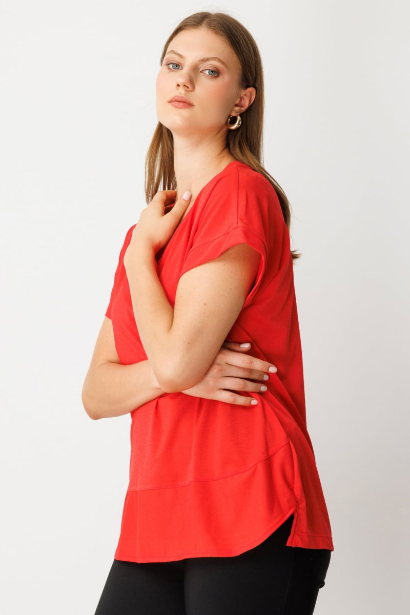 On Kadın Büyük Beden V Yaka Parçalı T-Shirt 71476 Mercan - 2