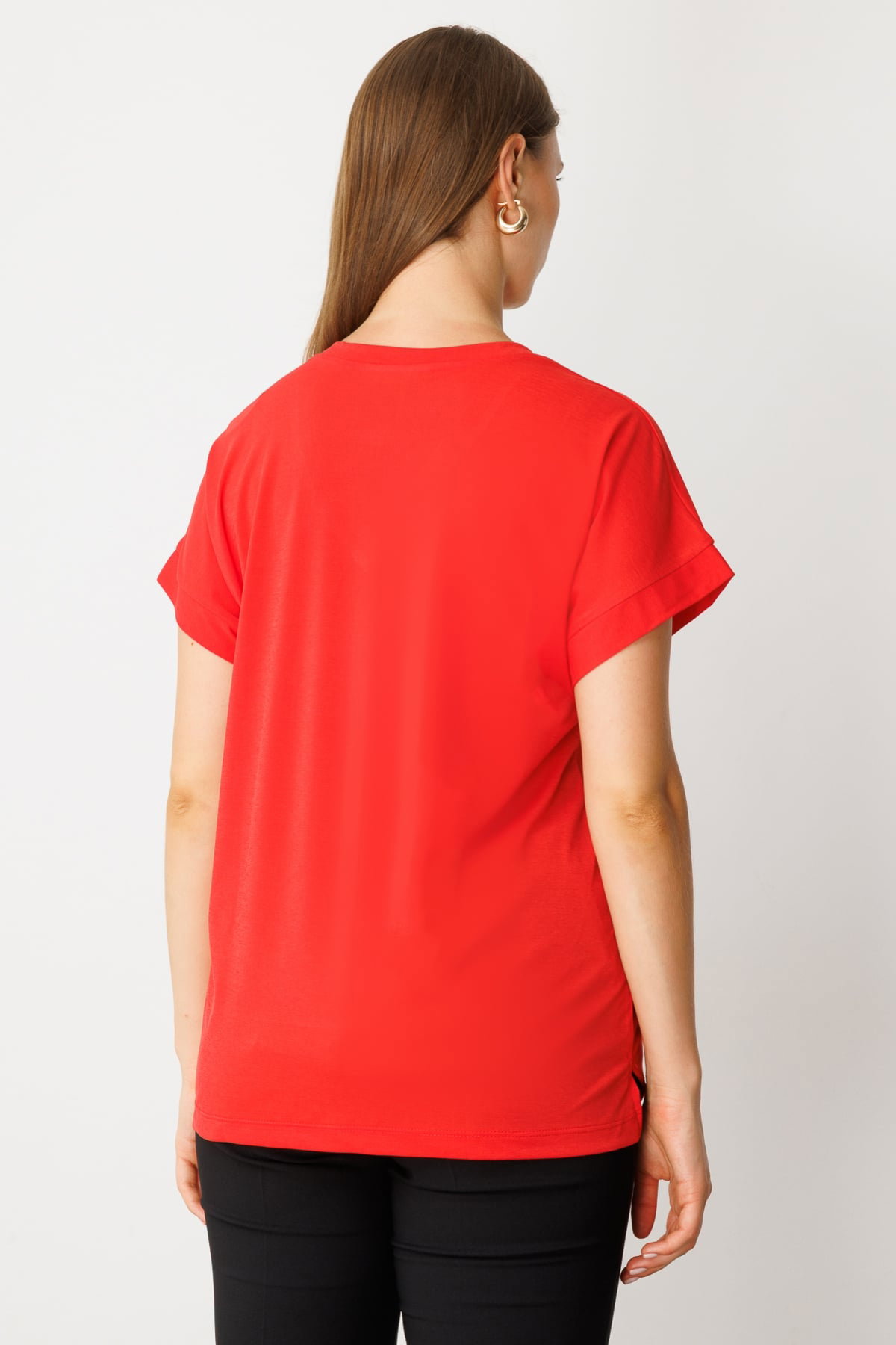 On Kadın Büyük Beden V Yaka Parçalı T-Shirt 71476 Mercan - 4