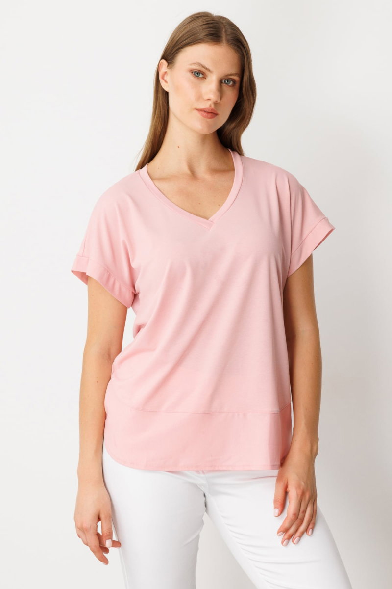 On Kadın Büyük Beden V Yaka Parçalı T-Shirt 71476 Pudra - On