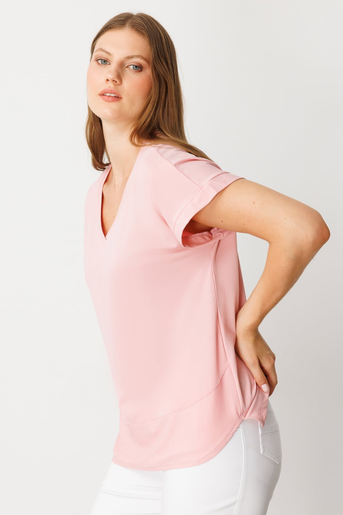 On Kadın Büyük Beden V Yaka Parçalı T-Shirt 71476 Pudra - 2