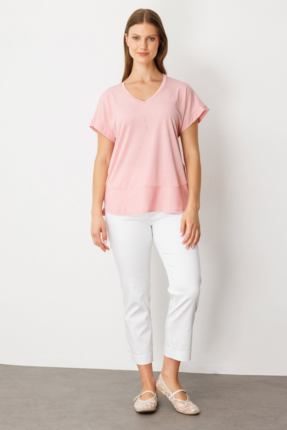 On Kadın Büyük Beden V Yaka Parçalı T-Shirt 71476 Pudra - 3