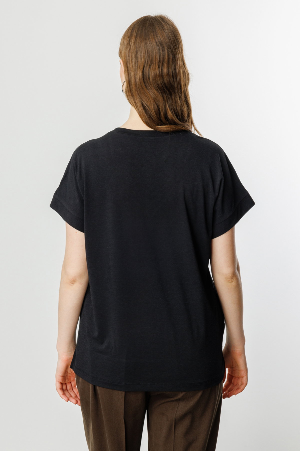 On Kadın Büyük Beden V Yaka Parçalı T-Shirt 71476 Siyah - 4