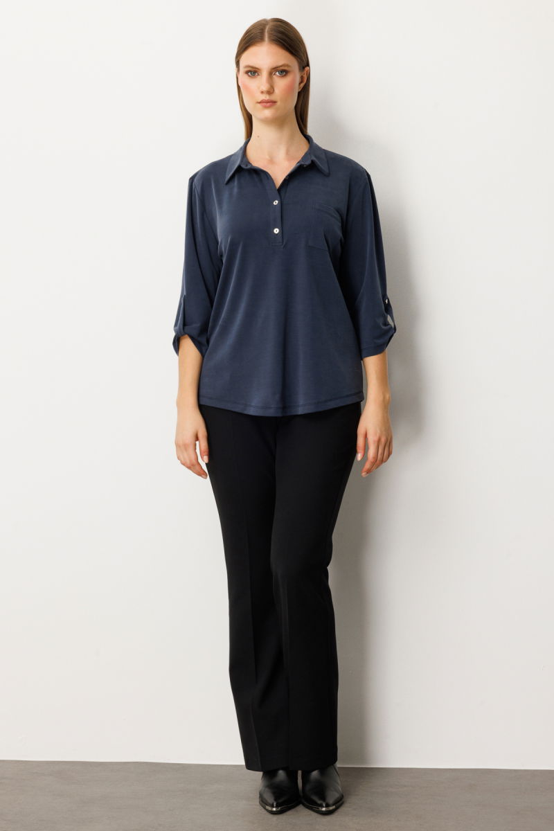 On Kadın Büyük Beden Yakası Düğmeli Cep Detaylı Bluz 61356 Indigo - 3