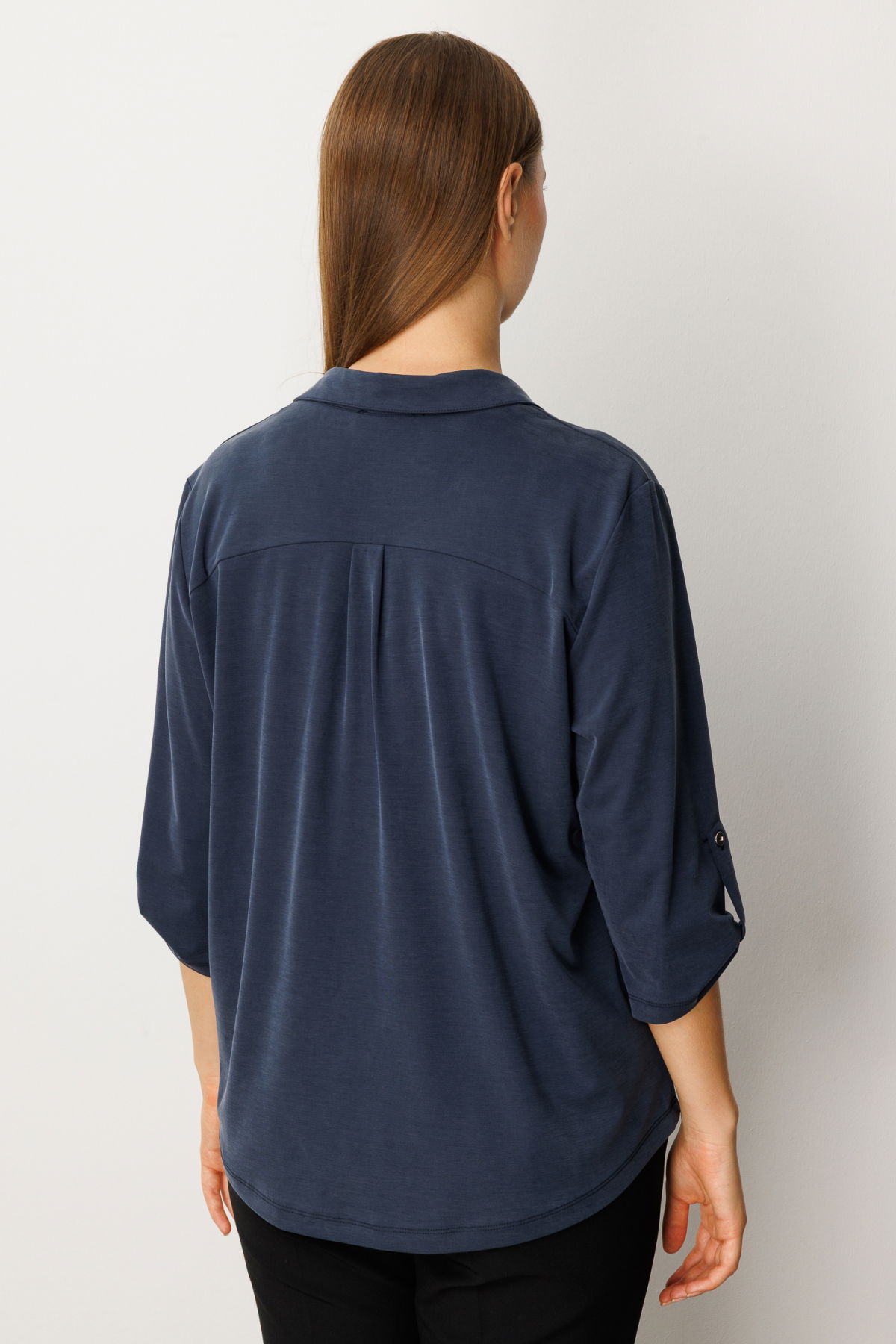 On Kadın Büyük Beden Yakası Düğmeli Cep Detaylı Bluz 61356 Indigo - 4