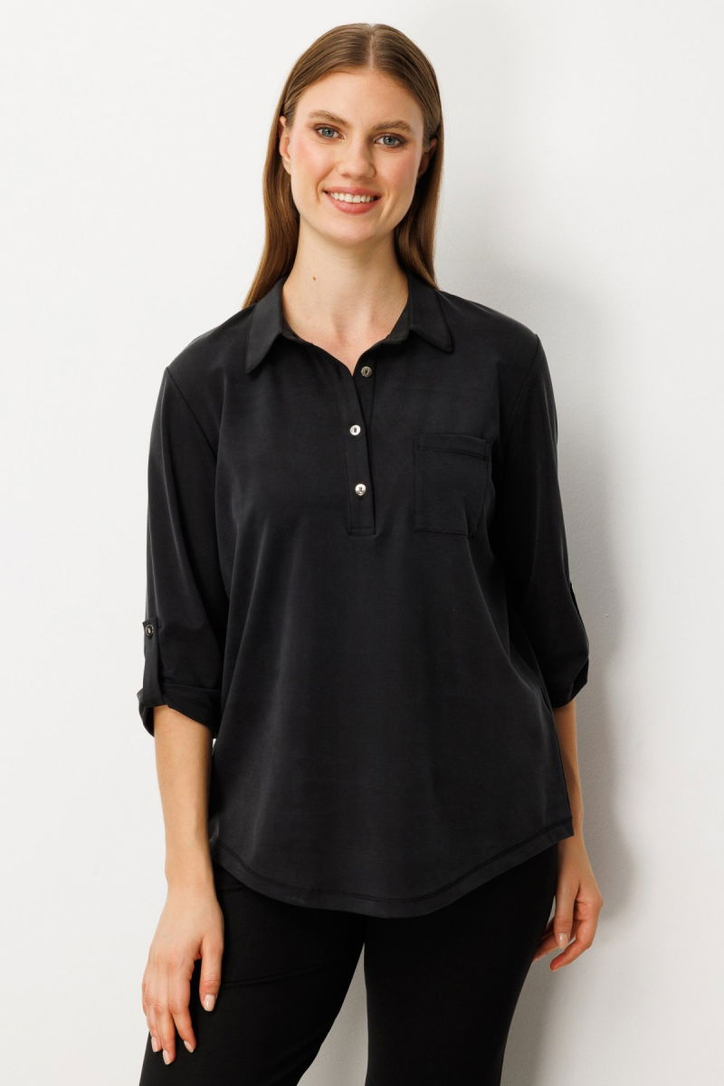 On Kadın Büyük Beden Yakası Düğmeli Cep Detaylı Bluz 61356 Siyah - On
