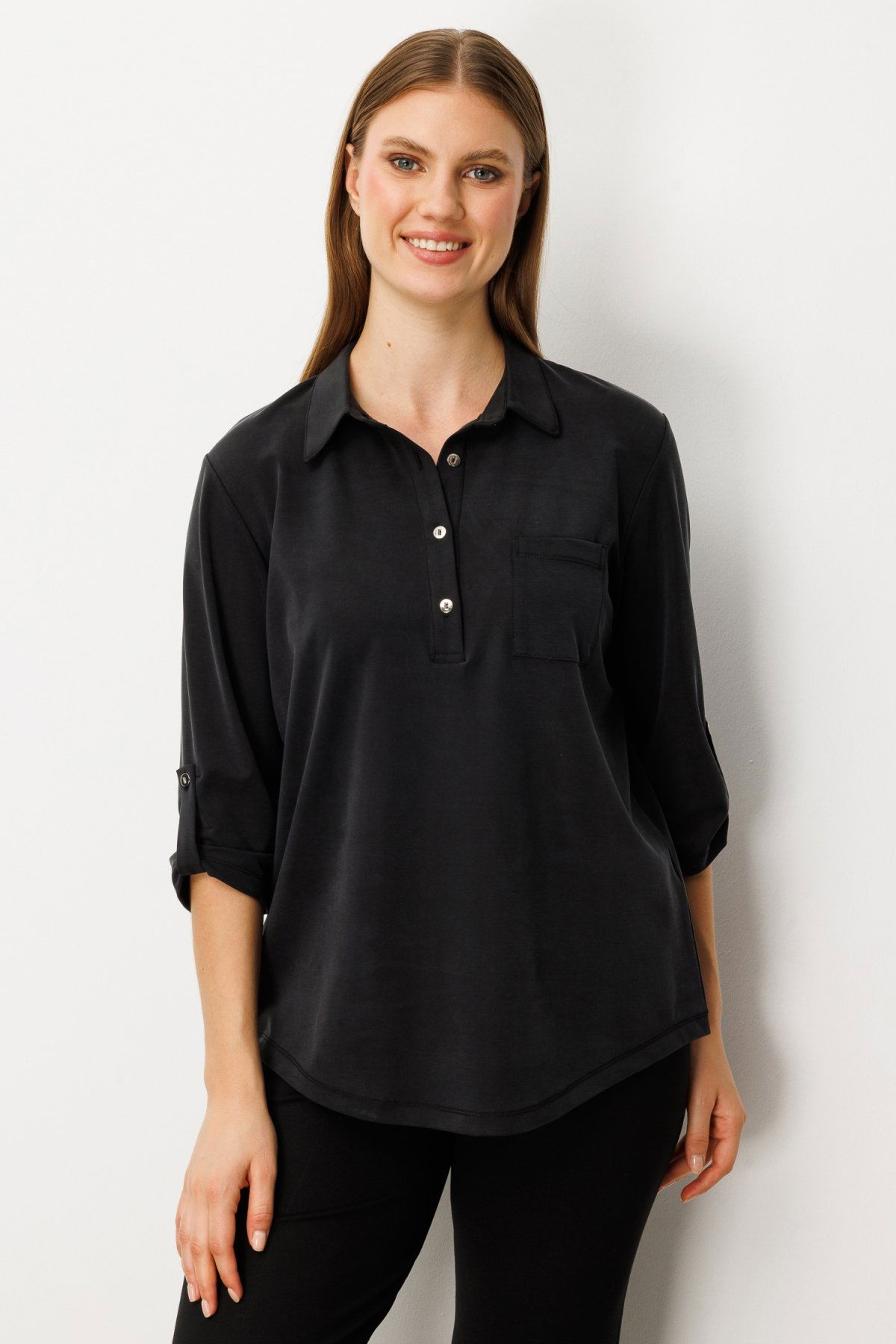 On Kadın Büyük Beden Yakası Düğmeli Cep Detaylı Bluz 61356 Siyah - 1