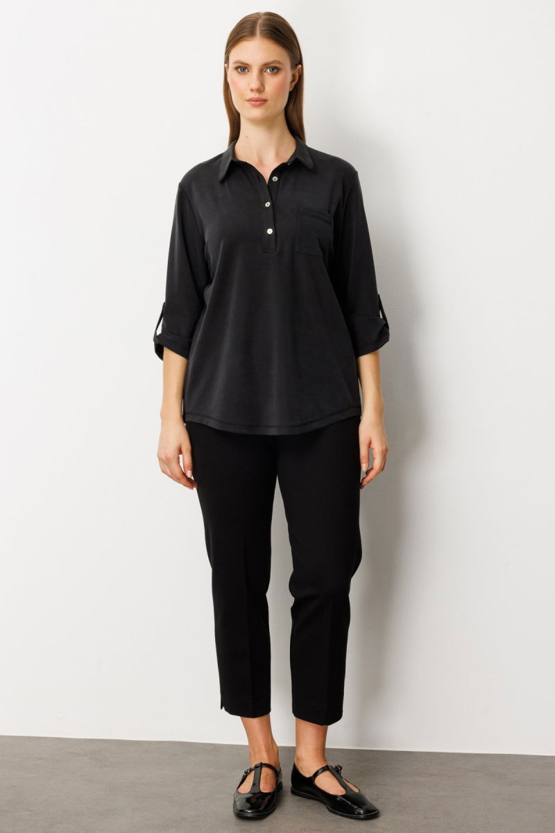 On Kadın Büyük Beden Yakası Düğmeli Cep Detaylı Bluz 61356 Siyah - 3