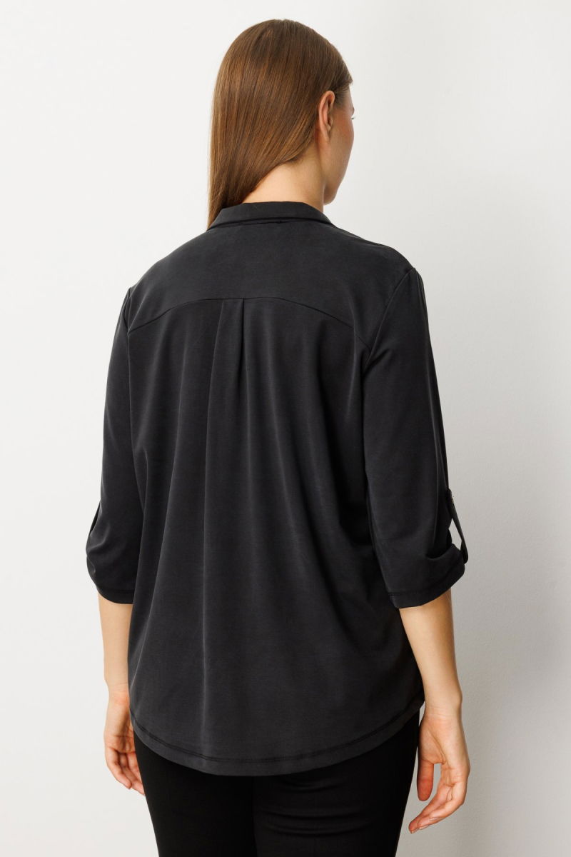 On Kadın Büyük Beden Yakası Düğmeli Cep Detaylı Bluz 61356 Siyah - 4