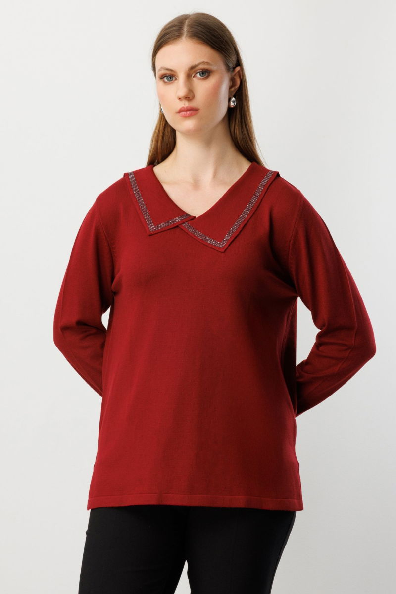 On Kadın Büyük Beden Yakası Taşlı Triko Kazak 65395 Bordo 
