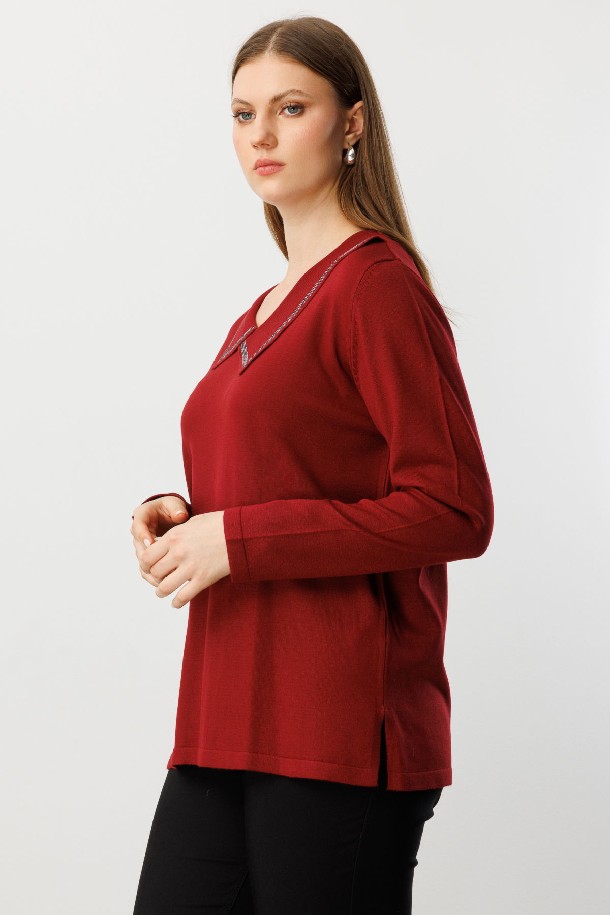 On Kadın Büyük Beden Yakası Taşlı Triko Kazak 65395 Bordo - 2