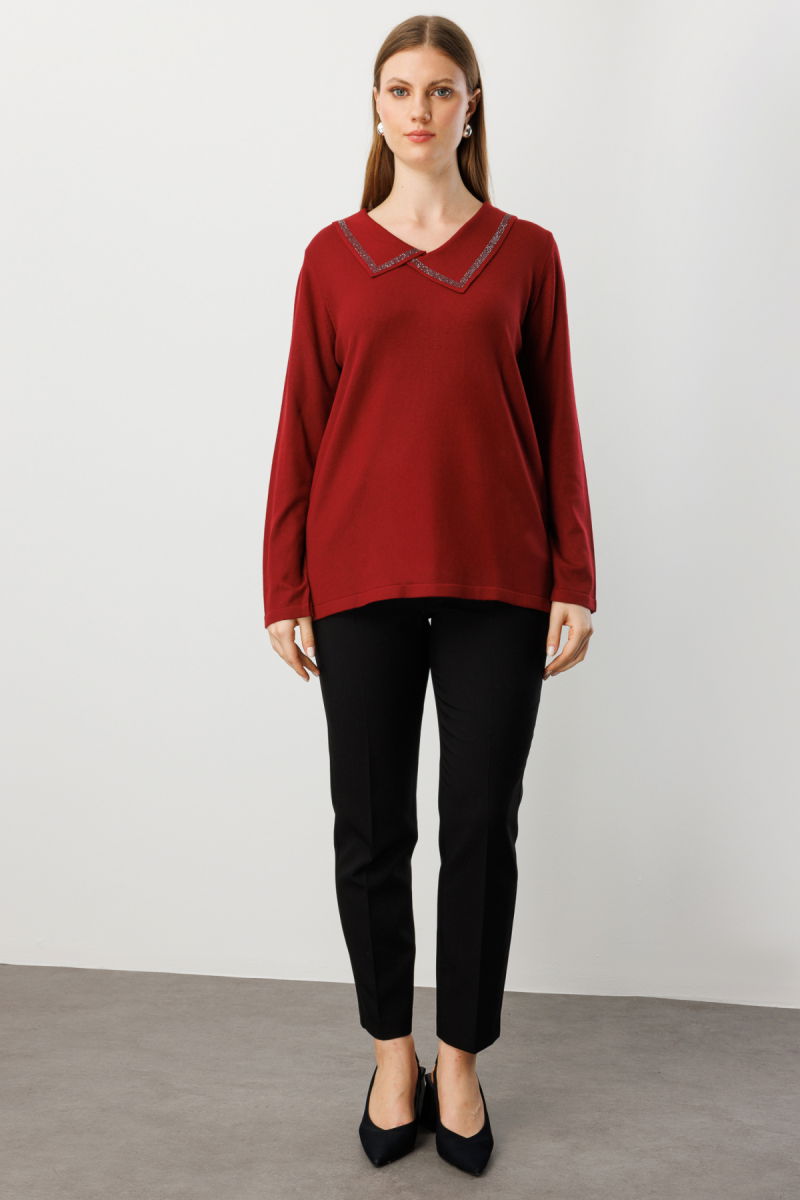 On Kadın Büyük Beden Yakası Taşlı Triko Kazak 65395 Bordo - 3