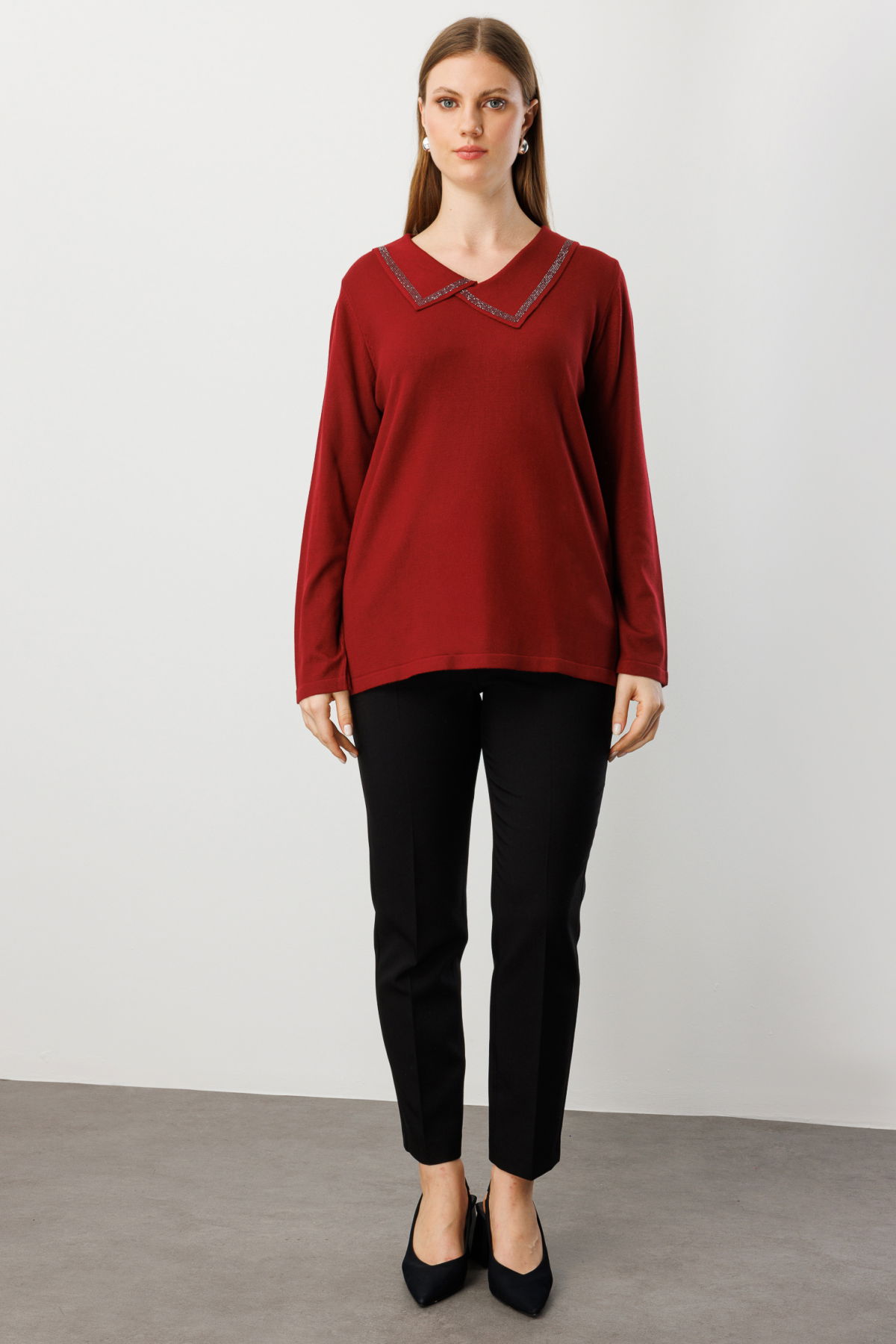 On Kadın Büyük Beden Yakası Taşlı Triko Kazak 65395 Bordo - 3