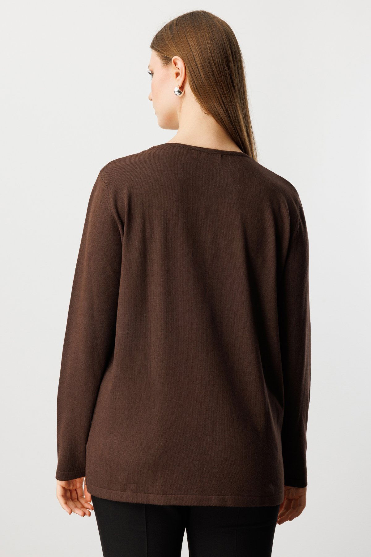 On Kadın Büyük Beden Yakası Taşlı Triko Kazak 65395 Kahverengi - 4